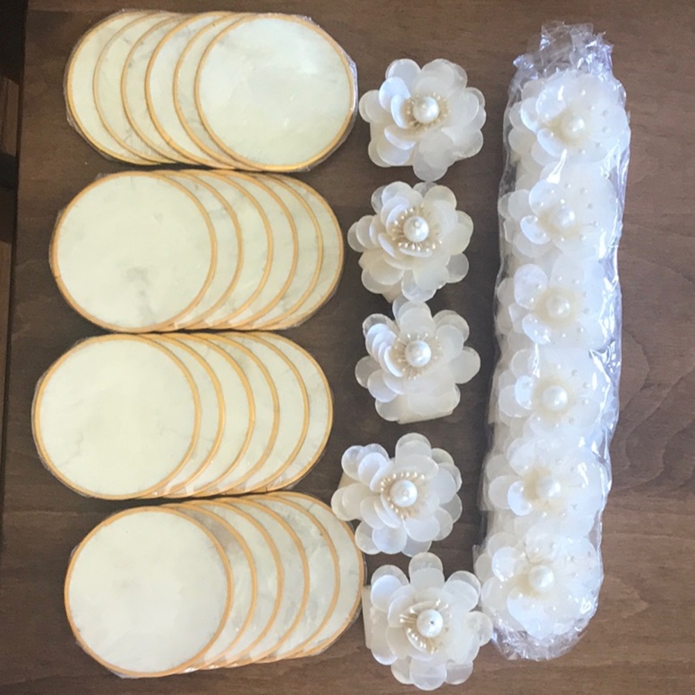 Vintage Capiz Shell 11 Flower Napkin Rings and 24 Coasters